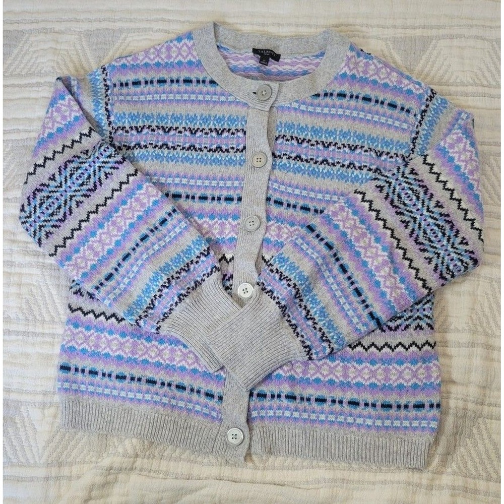 Talbots Petite Fair Isle Cardigan SP Gray Lavender Blue Merino Wool Blend